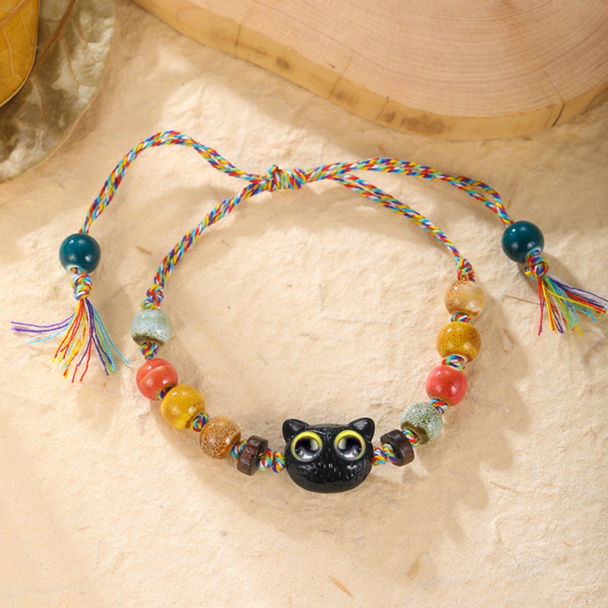 Multicolored Rope Ceramic Cat Braided Bracelet - A Retro and Unique Sweet-and-Cool Accessory