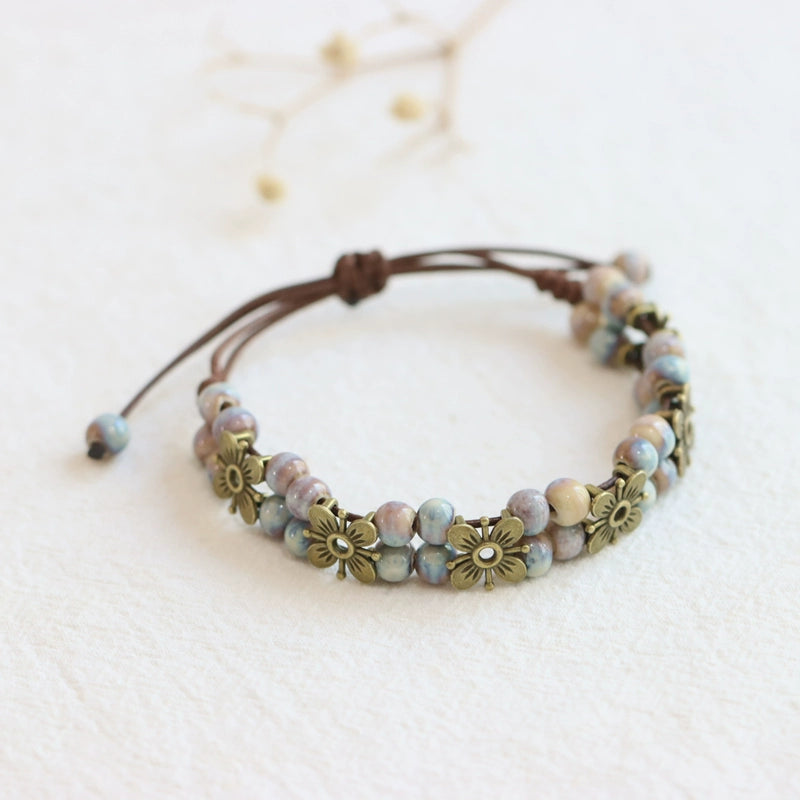 Porcelain Bracelet - Handwoven Four-Leaf Clover Beads Chinese Cord
