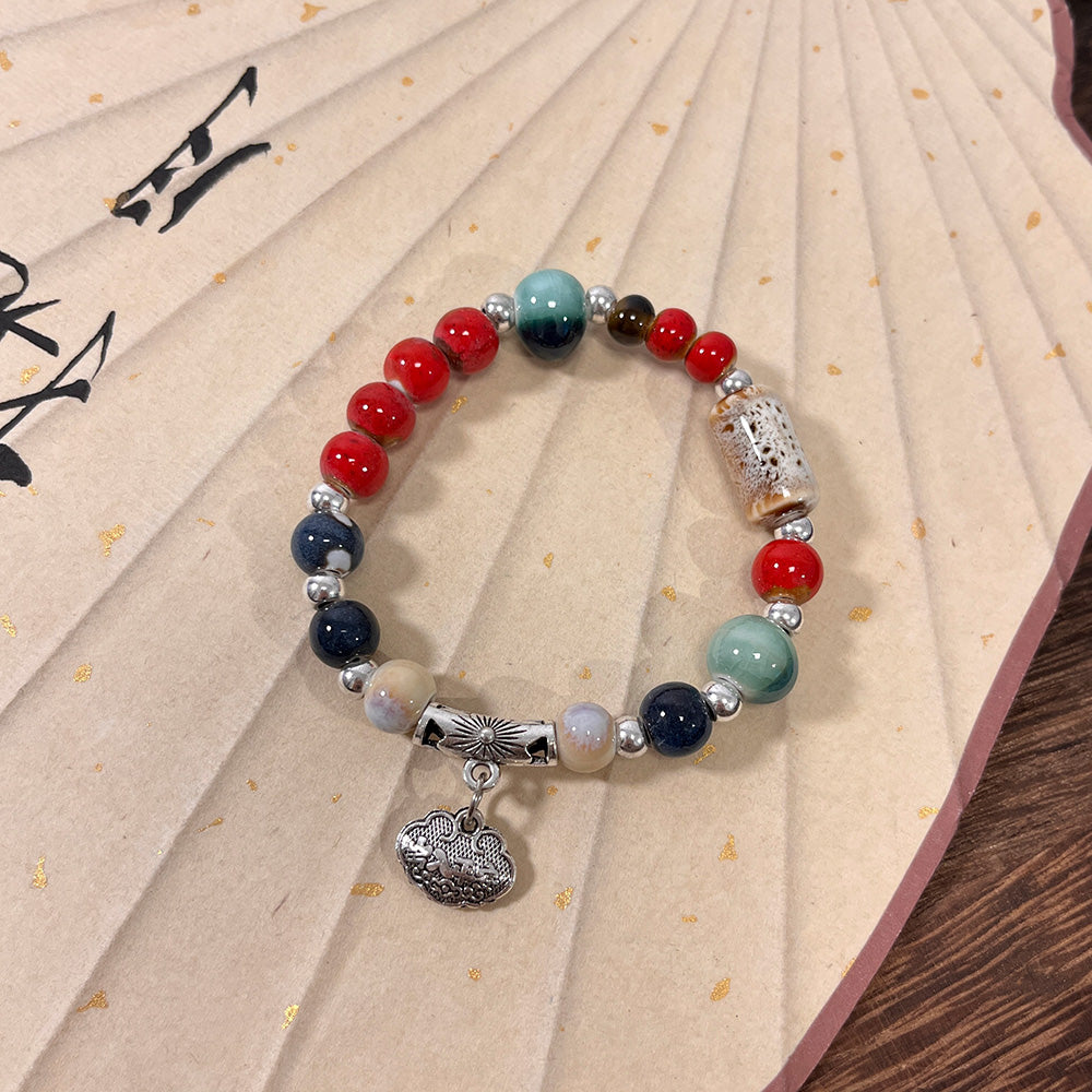 Multicolored Porcelain Bead Bracelet for Women - New Hit, A National Trendy Elastic Thread Accessory.