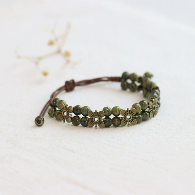 Porcelain Bracelet - Handwoven Four-Leaf Clover Beads Chinese Cord