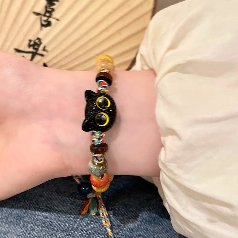 Multicolored Rope Ceramic Cat Braided Bracelet - A Retro and Unique Sweet-and-Cool Accessory