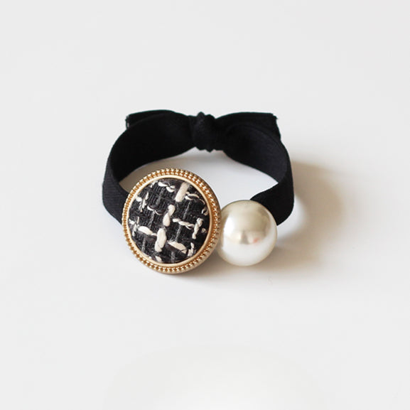 Retro Button Hair Ties for Women - Chanel Style Knitted Hair Loops, Elegant Elastic Bands with Pearls for High Ponytails