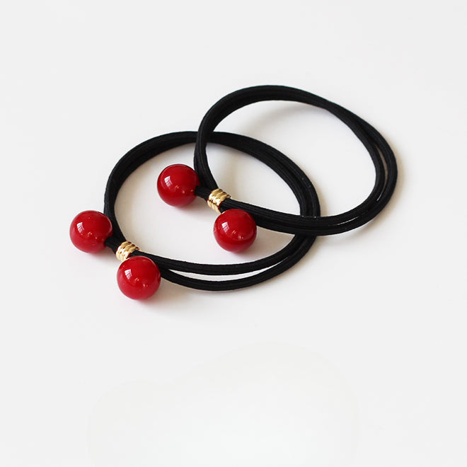 Cherry Red Bead Thick Hair Tie Braided Ponytail Band Bun Elastic Hair Accessory