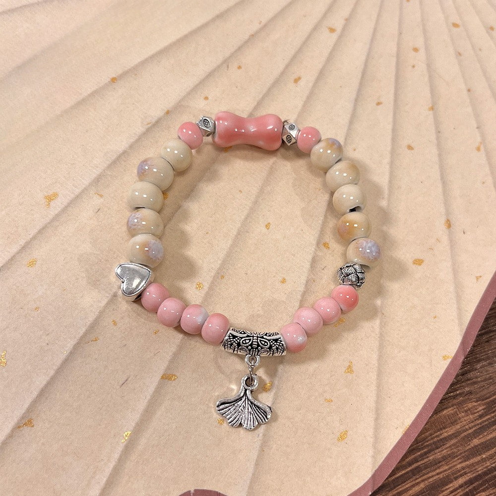 Porcelain Bracelet with a Girlish Pink Bead Design - A New Chinese-style, Trendy and Versatile Accessory