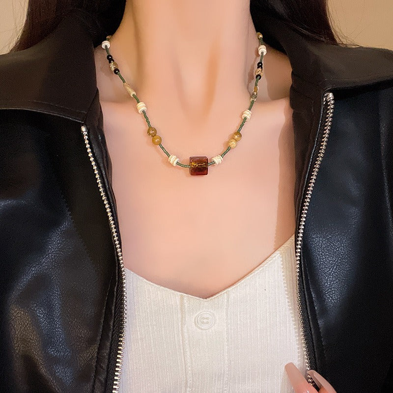 Brown Square Butterfly Beaded Necklace - Vintage Boho Women's Jewelry with Classic Elegance
