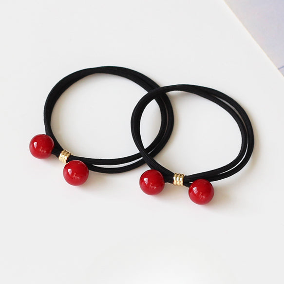 Cherry Red Bead Thick Hair Tie Braided Ponytail Band Bun Elastic Hair Accessory