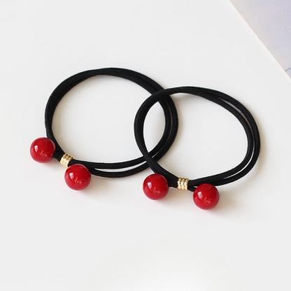 Cherry Red Bead Thick Hair Tie Braided Ponytail Band Bun Elastic Hair Accessory
