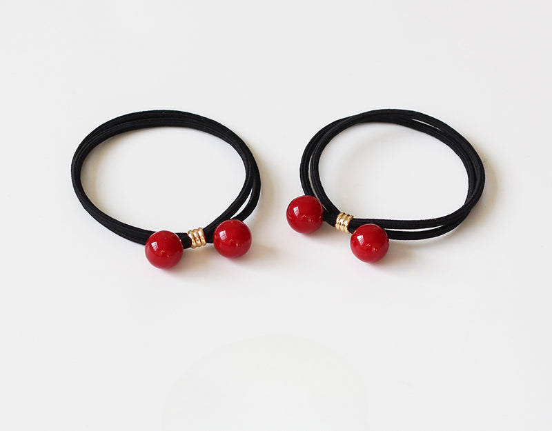 Cherry Red Bead Thick Hair Tie Braided Ponytail Band Bun Elastic Hair Accessory