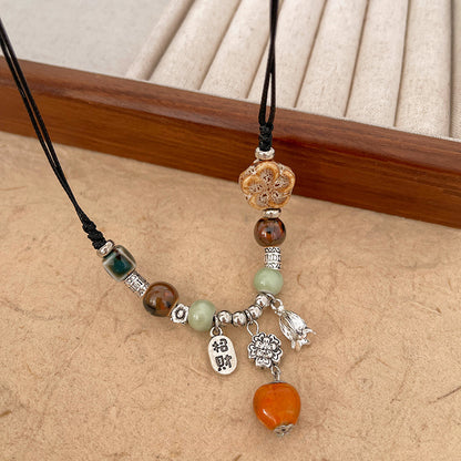 Chinese Resin Bead Fortune Necklace - Trendy Collarbone Chain