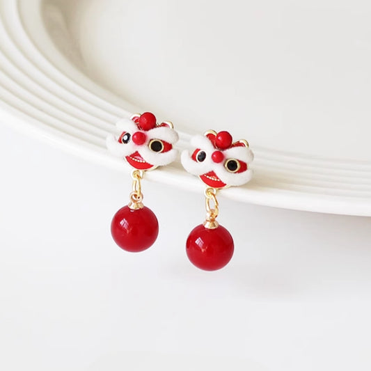 Lion Dance Earrings - Chinese New Year Red Velvet Studs, Festive Women's Ear Jewelry