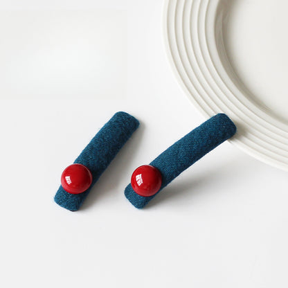 Red Bead Contrasting Hair Clip, Niche Blue Side Hair Accessory for Women