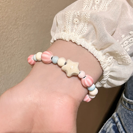 Porcelain Bracelet with a Girlish Pink Bead Design - A New Chinese-style, Trendy and Versatile Accessory
