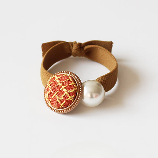 Retro Button Hair Ties for Women - Chanel Style Knitted Hair Loops, Elegant Elastic Bands with Pearls for High Ponytails