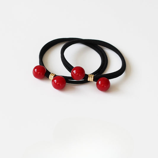 Cherry Red Bead Thick Hair Tie Braided Ponytail Band Bun Elastic Hair Accessory