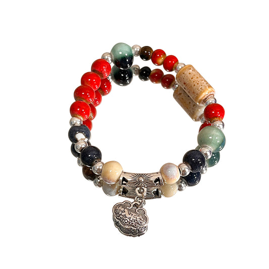Multicolored Porcelain Bead Bracelet for Women - New Hit, A National Trendy Elastic Thread Accessory.