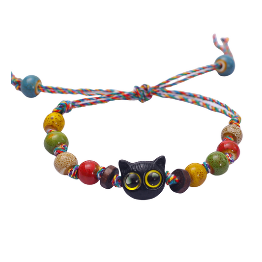 Multicolored Rope Ceramic Cat Braided Bracelet - A Retro and Unique Sweet-and-Cool Accessory