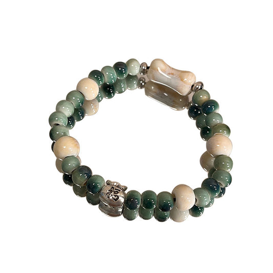 Handmade Porcelain Bracelet - A Lucky Bag with Ancient Chinese Style Beads, Featuring Bohemian Flair for Women.