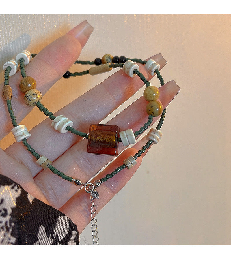 Brown Square Butterfly Beaded Necklace - Vintage Boho Women's Jewelry with Classic Elegance