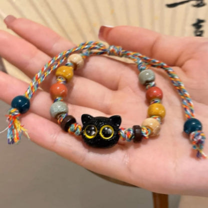 Multicolored Rope Ceramic Cat Braided Bracelet - A Retro and Unique Sweet-and-Cool Accessory