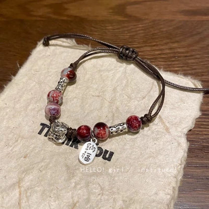 Retro Porcelain Bead Bracelet for Women - A National Trendy Accessory Featuring the Auspicious Lion