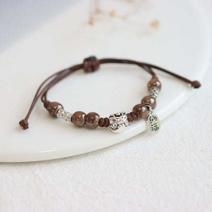 Retro Porcelain Bead Bracelet for Women - A National Trendy Accessory Featuring the Auspicious Lion