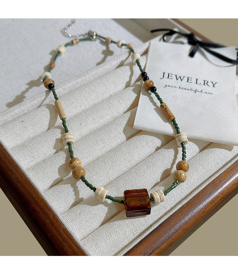 Brown Square Butterfly Beaded Necklace - Vintage Boho Women's Jewelry with Classic Elegance