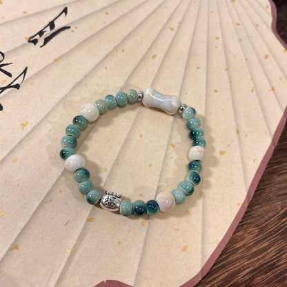 Handmade Porcelain Bracelet - A Lucky Bag with Ancient Chinese Style Beads, Featuring Bohemian Flair for Women.