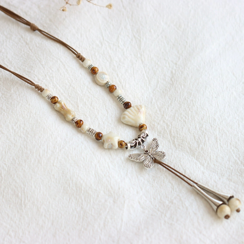 Ceramic Necklace – Chinese Style Long Butterfly Pendant Sweater Chain for Women