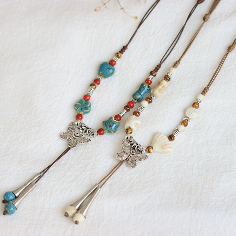 Ceramic Necklace – Chinese Style Long Butterfly Pendant Sweater Chain for Women