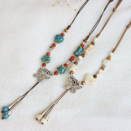 Ceramic Necklace – Chinese Style Long Butterfly Pendant Sweater Chain for Women
