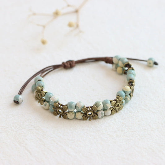 Porcelain Bracelet - Handwoven Four-Leaf Clover Beads Chinese Cord