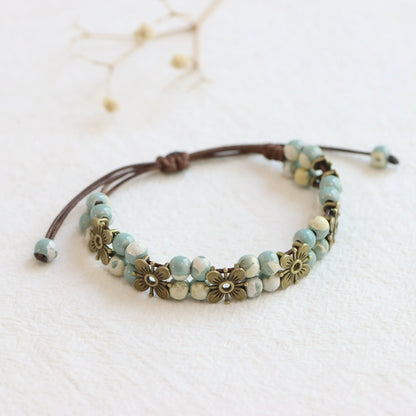 Porcelain Bracelet - Handwoven Four-Leaf Clover Beads Chinese Cord