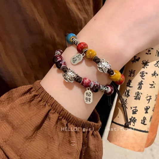 Retro Porcelain Bead Bracelet for Women - A National Trendy Accessory Featuring the Auspicious Lion