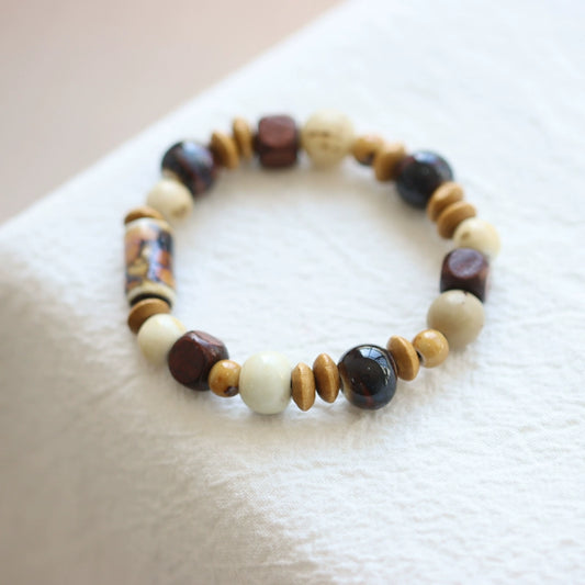 Bohemian Ceramic Bracelet -  Porcelain & Wood Beads