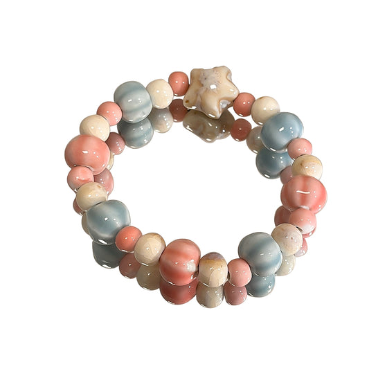 Porcelain Bracelet with a Girlish Pink Bead Design - A New Chinese-style, Trendy and Versatile Accessory
