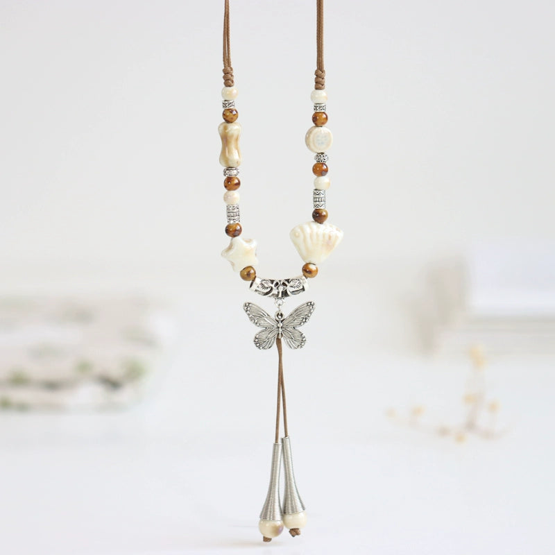 Ceramic Necklace – Chinese Style Long Butterfly Pendant Sweater Chain for Women