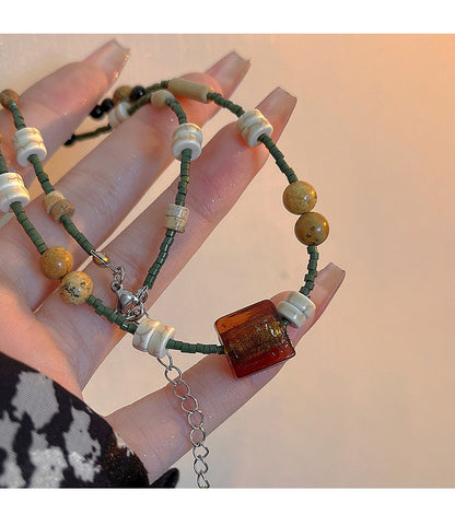 Brown Square Butterfly Beaded Necklace - Vintage Boho Women's Jewelry with Classic Elegance