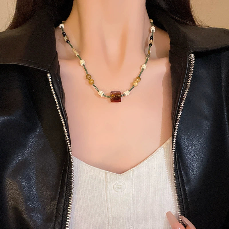 Brown Square Butterfly Beaded Necklace - Vintage Boho Women's Jewelry with Classic Elegance