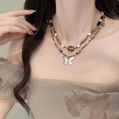 Brown Square Butterfly Beaded Necklace - Vintage Boho Women's Jewelry with Classic Elegance