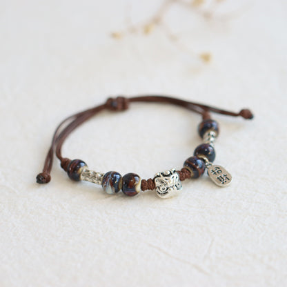 Retro Porcelain Bead Bracelet for Women - A National Trendy Accessory Featuring the Auspicious Lion