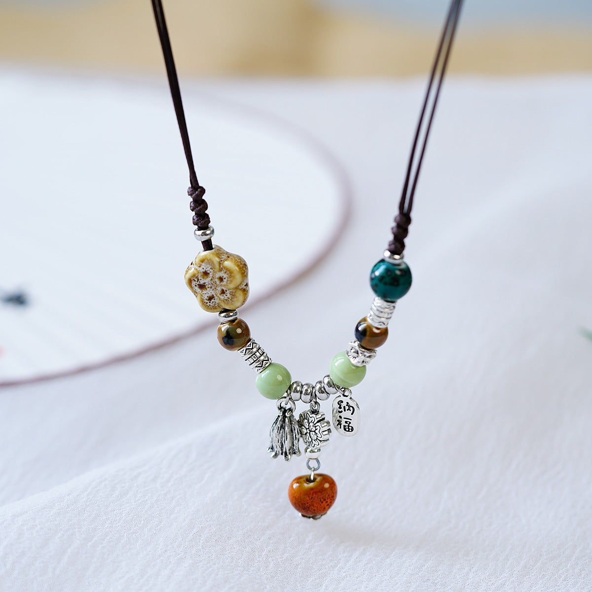 Chinese Resin Bead Fortune Necklace - Trendy Collarbone Chain
