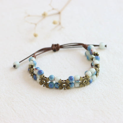 Porcelain Bracelet - Handwoven Four-Leaf Clover Beads Chinese Cord