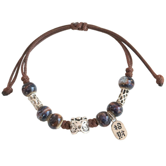 Retro Porcelain Bead Bracelet for Women - A National Trendy Accessory Featuring the Auspicious Lion