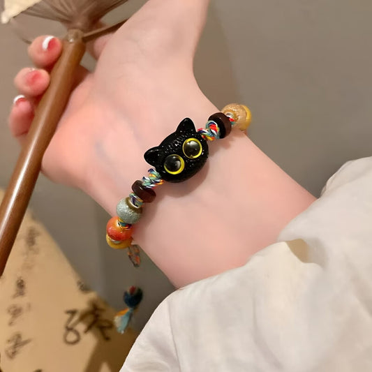 Multicolored Rope Ceramic Cat Braided Bracelet - A Retro and Unique Sweet-and-Cool Accessory
