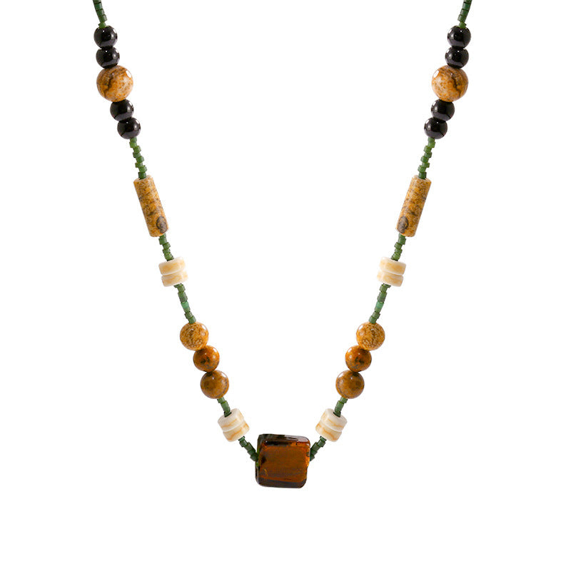 Brown Square Butterfly Beaded Necklace - Vintage Boho Women's Jewelry with Classic Elegance