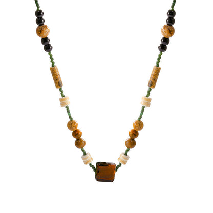 Brown Square Butterfly Beaded Necklace - Vintage Boho Women's Jewelry with Classic Elegance