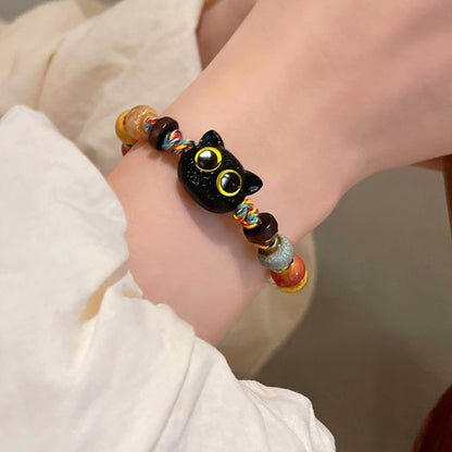 Multicolored Rope Ceramic Cat Braided Bracelet - A Retro and Unique Sweet-and-Cool Accessory