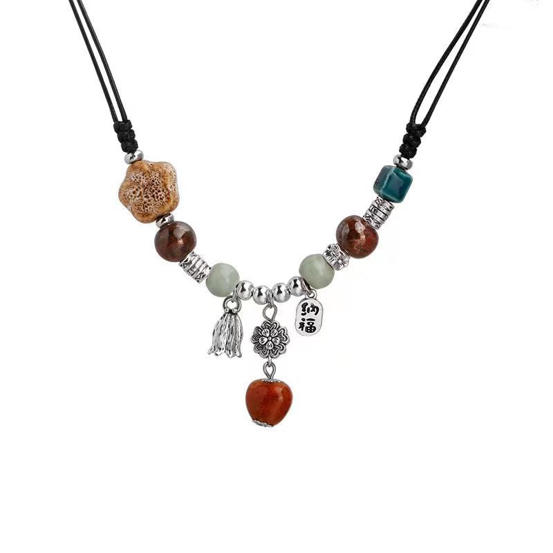 Chinese Resin Bead Fortune Necklace - Trendy Collarbone Chain