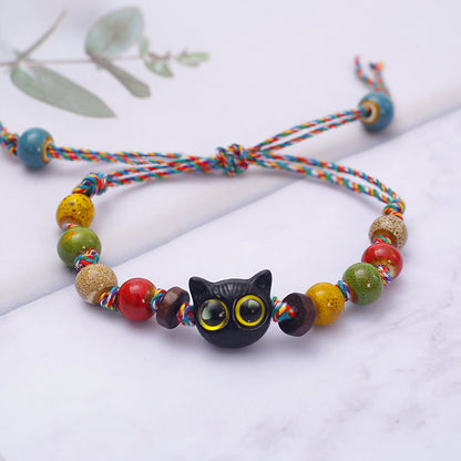 Multicolored Rope Ceramic Cat Braided Bracelet - A Retro and Unique Sweet-and-Cool Accessory