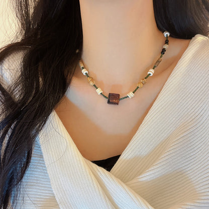 Brown Square Butterfly Beaded Necklace - Vintage Boho Women's Jewelry with Classic Elegance